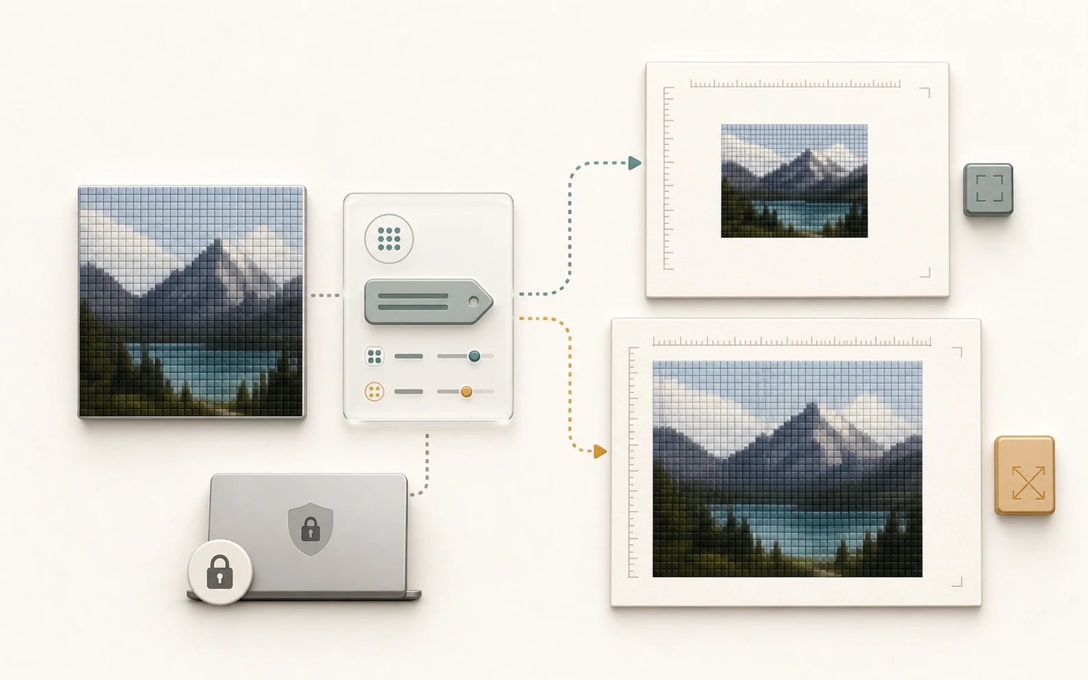 A visual explanation of unchanged image pixels flowing through DPI metadata into different print-size interpretations